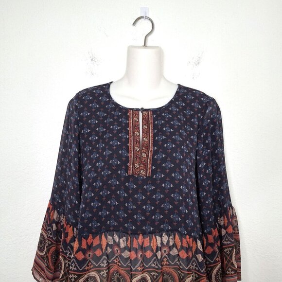 Joie Silk Babydoll Blouse Sz S Sheer Boho Western Aztec Coastal Cowgirl Artsy - Picture 6 of 14